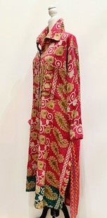 Long Kantha Button Down Jacket With Collar Looks Sharp (Red Floral)