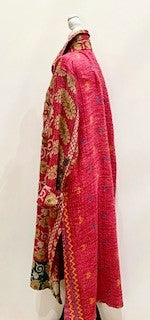 Long Kantha Button Down Jacket With Collar Looks Sharp (Red Floral)