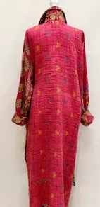 Long Kantha Button Down Jacket With Collar Looks Sharp (Red Floral)