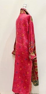Long Kantha Button Down Jacket With Collar Looks Sharp (Red Floral)