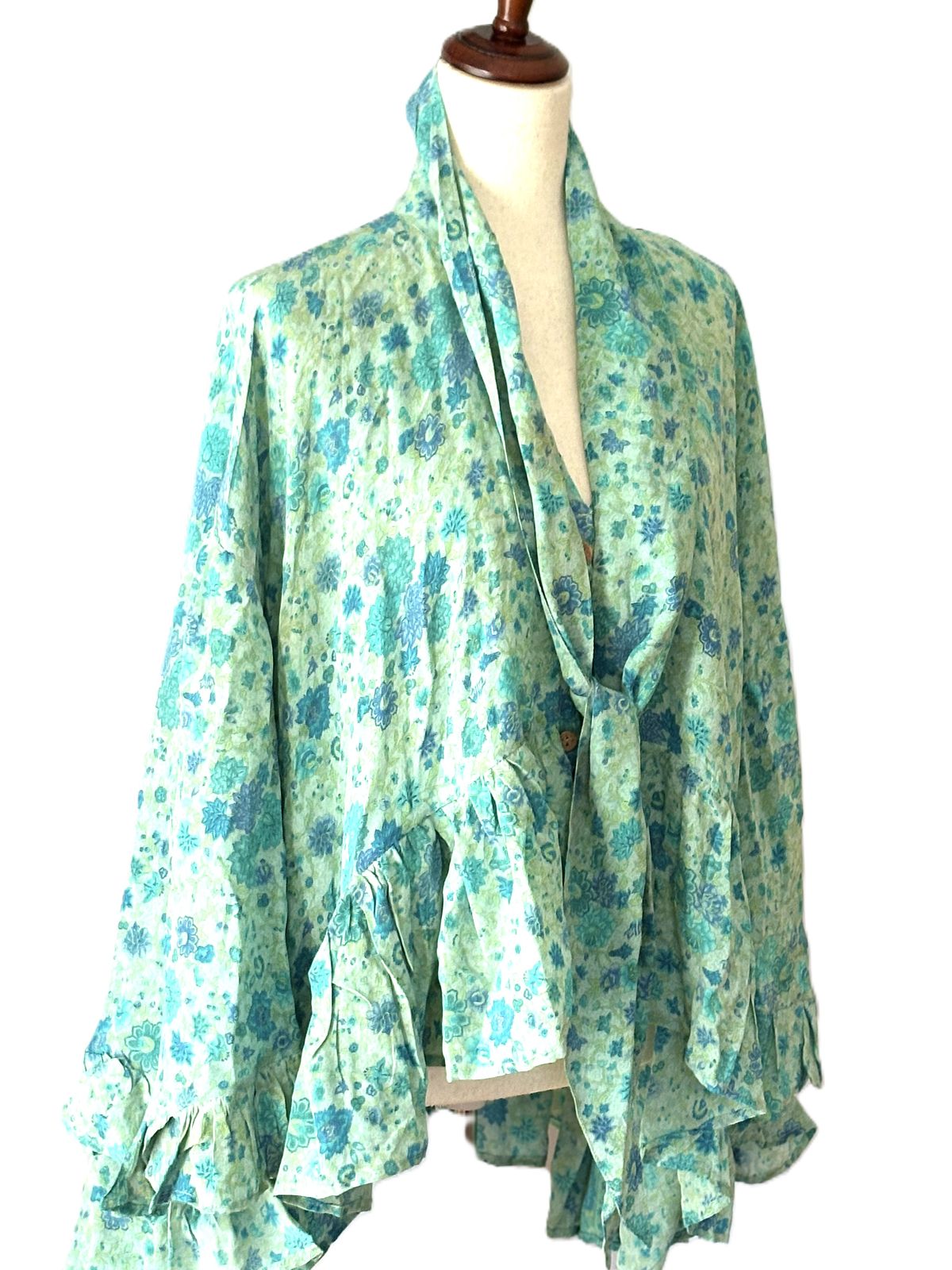 Kantha Bae Crepe Sari Wid Rose Romantic Top (Aqua)
