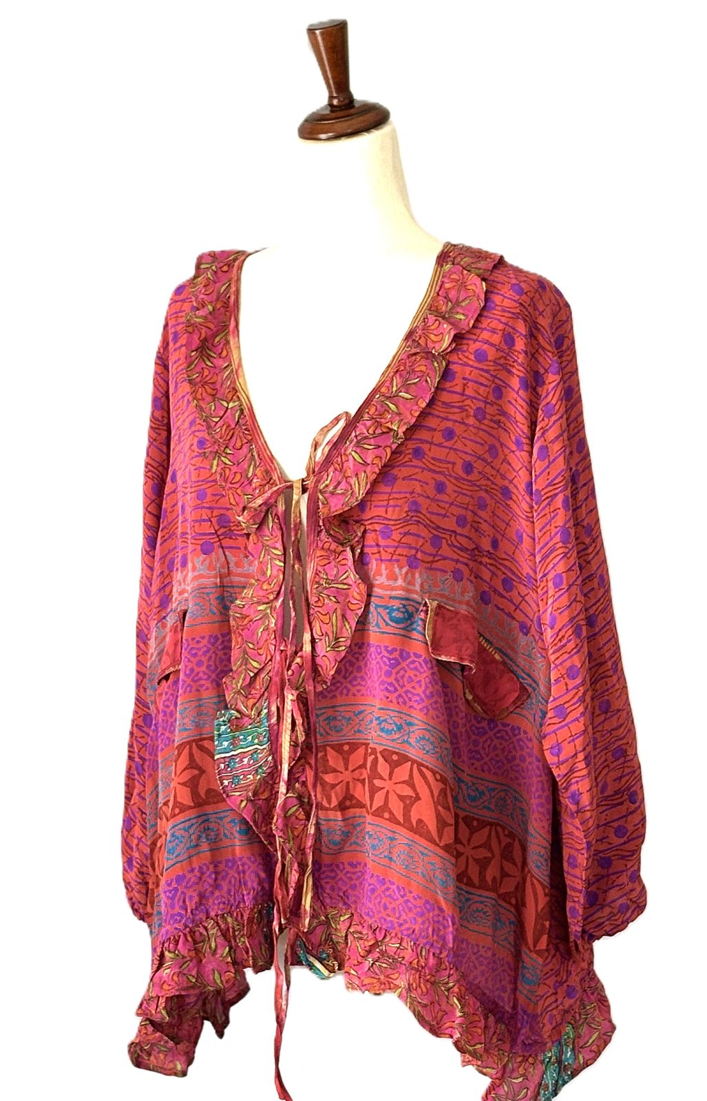 Kantha Bae Crepe Sari Ruffle Daisy Blouse (Fuschia)