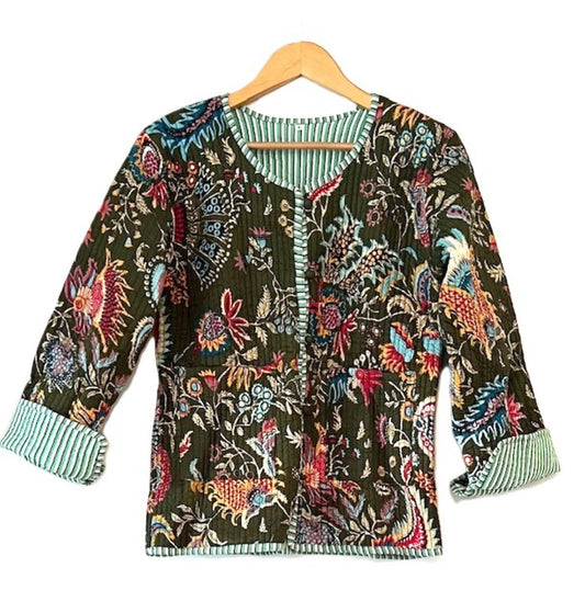 Luxe Reversible Print Quilted Womens Jacket With Stripe Piping (Botancial Green)