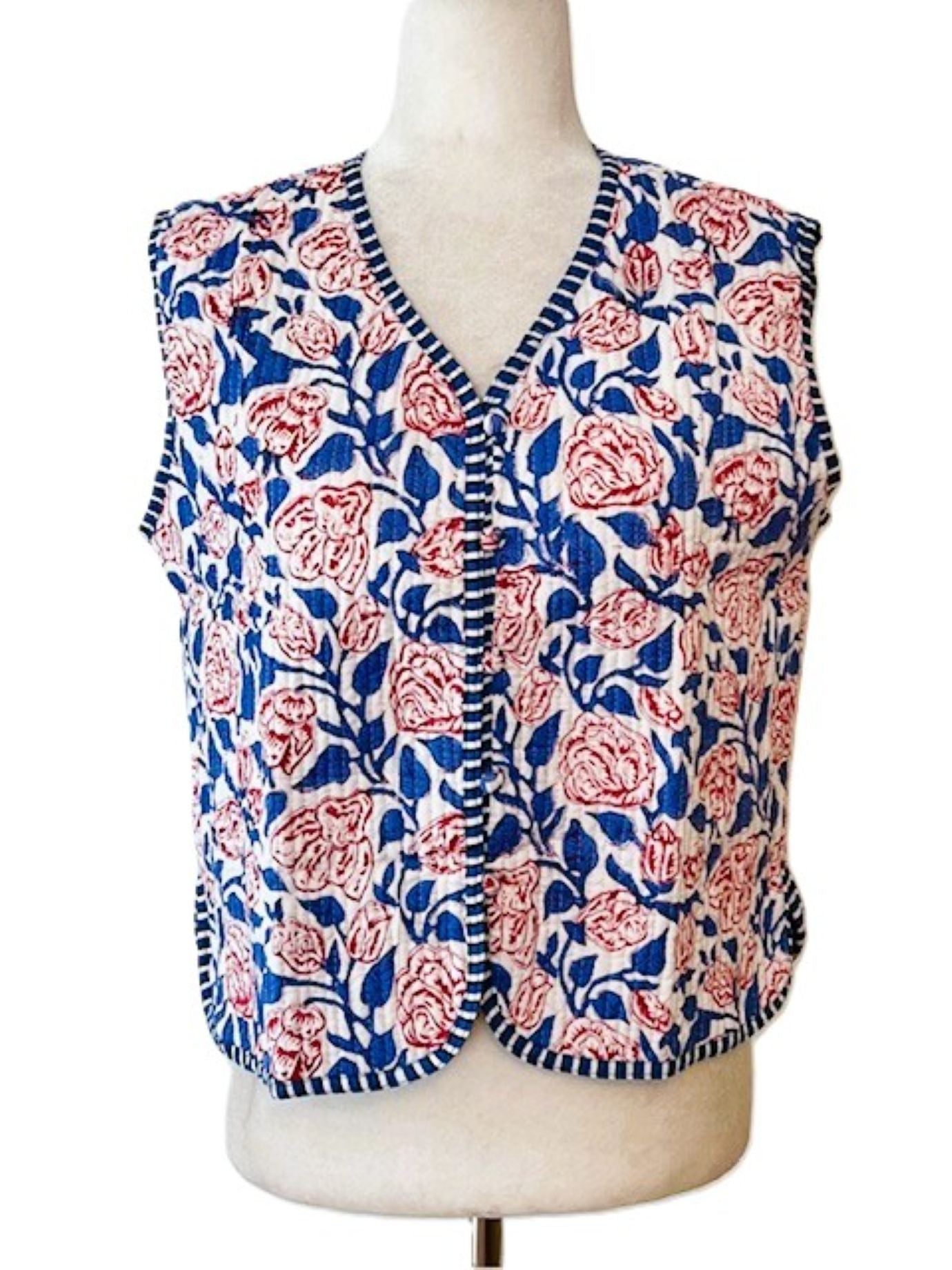 Designer Handmade Patchwork Vest In Navy. Fully Reversible Stripe.