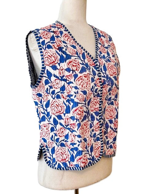 Designer Handmade Patchwork Vest In Navy. Fully Reversible Stripe.