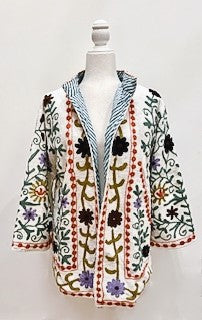 Short Box Cut Suzani Hand Embroidered Jacket Welcomes Spring (Cream)