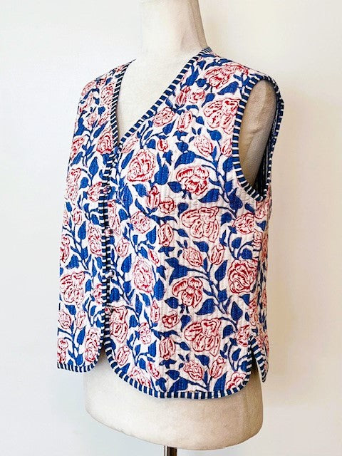 Designer Handmade Patchwork Vest In Navy. Fully Reversible Stripe.