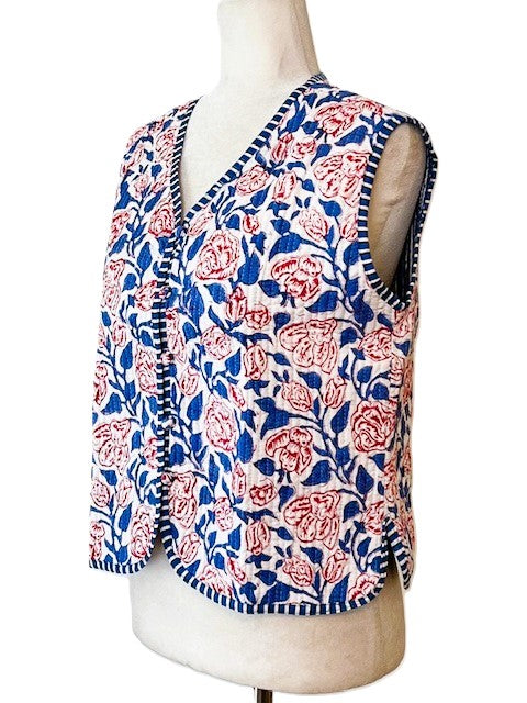 Designer Handmade Patchwork Vest In Navy. Fully Reversible Stripe.