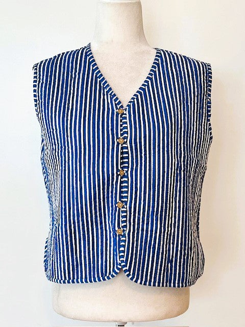 Designer Handmade Patchwork Vest In Navy. Fully Reversible Stripe.