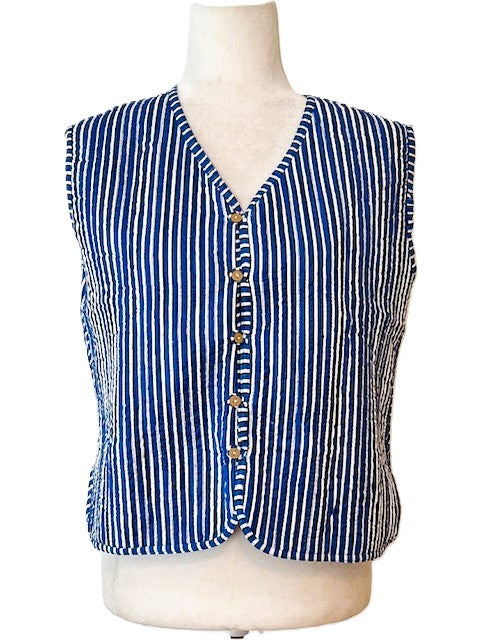 Designer Handmade Patchwork Vest In Navy. Fully Reversible Stripe.
