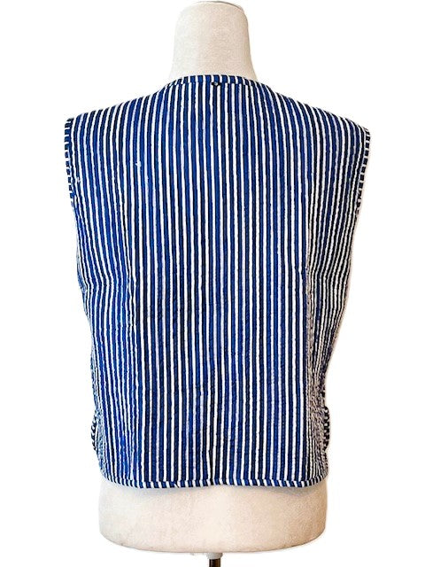 Designer Handmade Patchwork Vest In Navy. Fully Reversible Stripe.