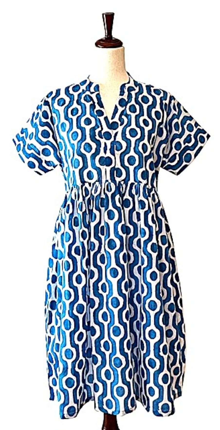 Dresses: Flattering Easy Basic Block Print Cotton Short (Blue)