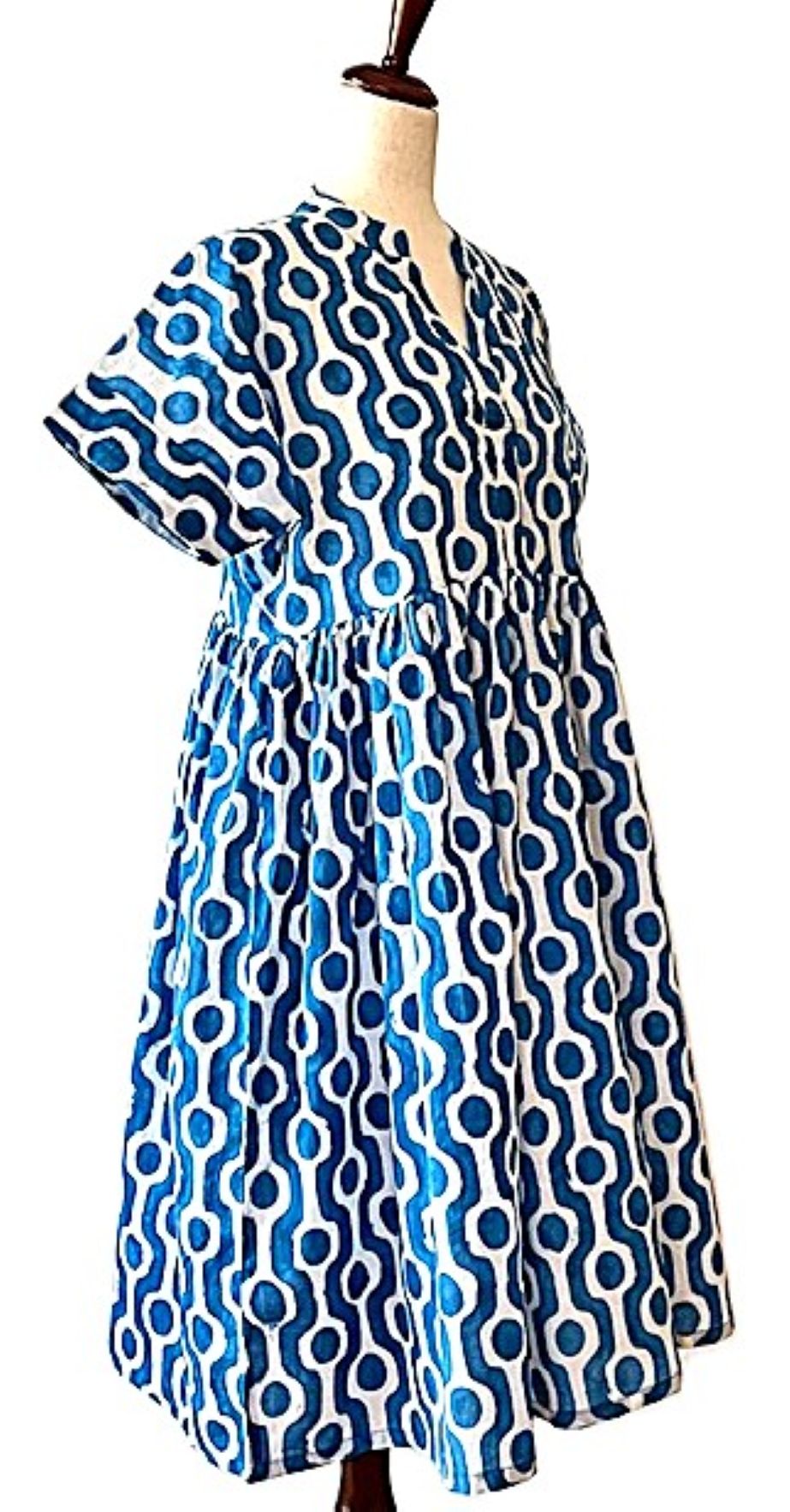 Dresses: Flattering Easy Basic Block Print Cotton Short (Blue)