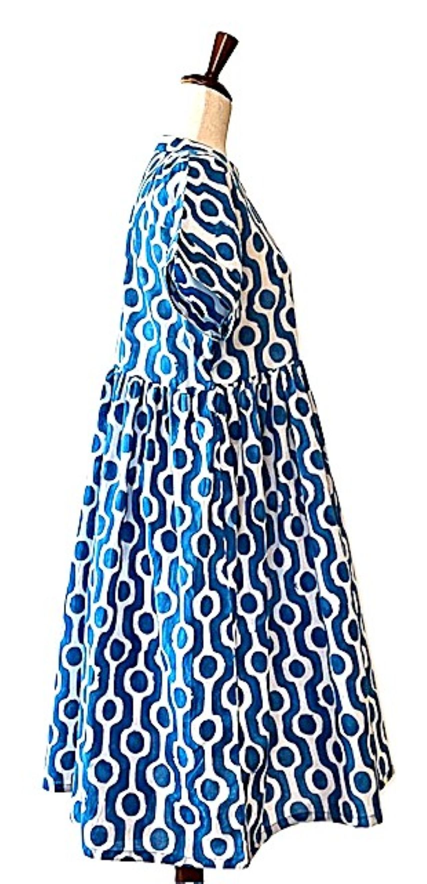 Dresses: Flattering Easy Basic Block Print Cotton Short (Blue)