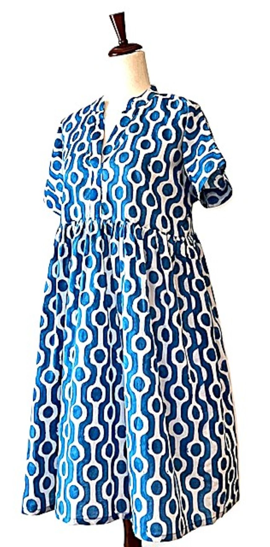Dresses: Flattering Easy Basic Block Print Cotton Short (Blue)