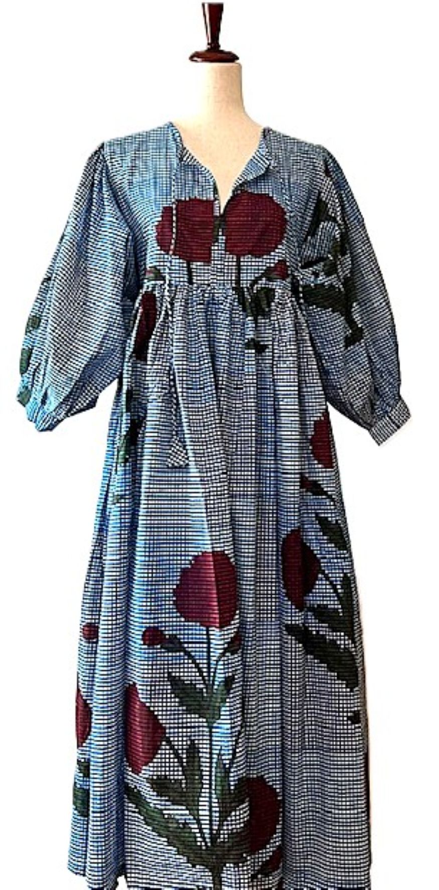 Dresses: Floral Cotton Handblock Midi. Unusual and Seasonless. Denim.