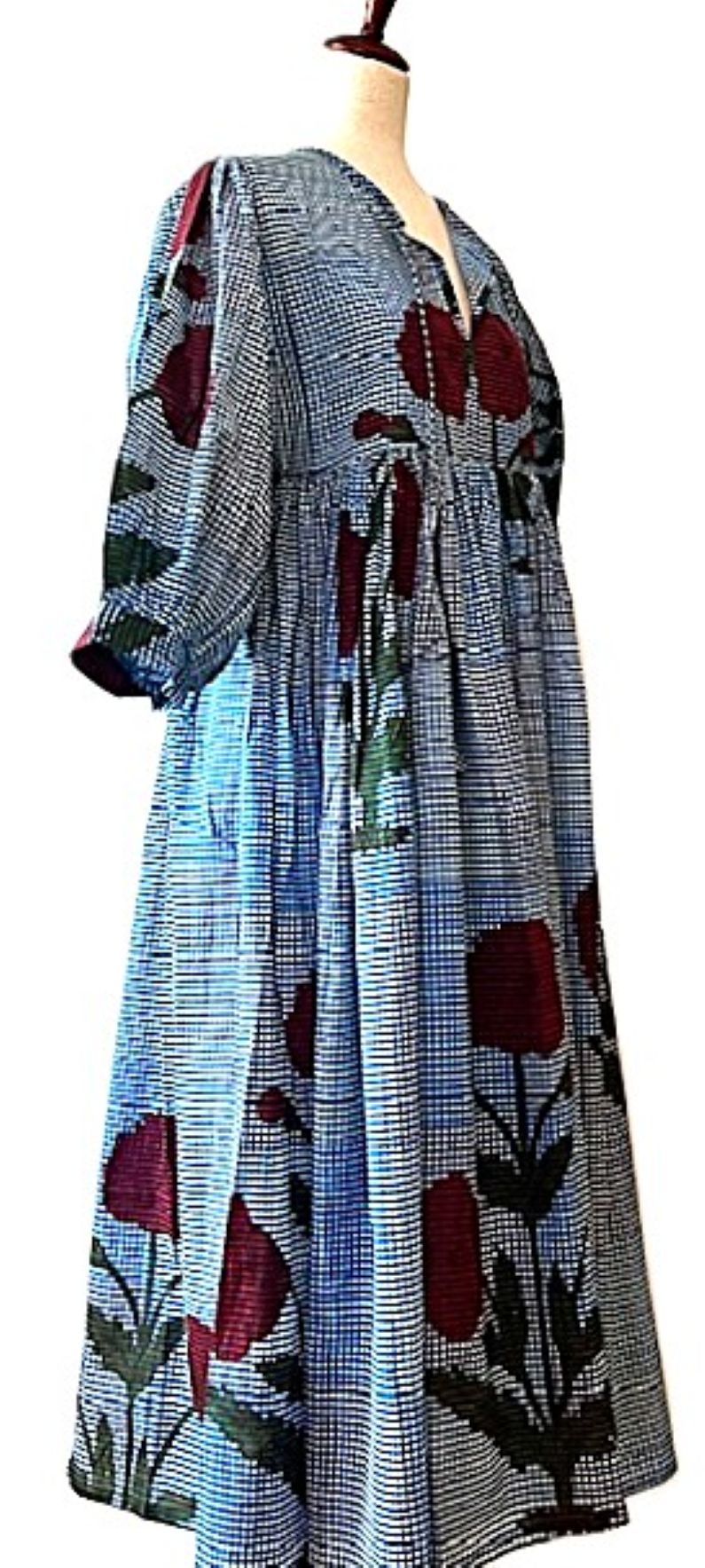 Dresses: Floral Cotton Handblock Midi. Unusual and Seasonless. Denim.