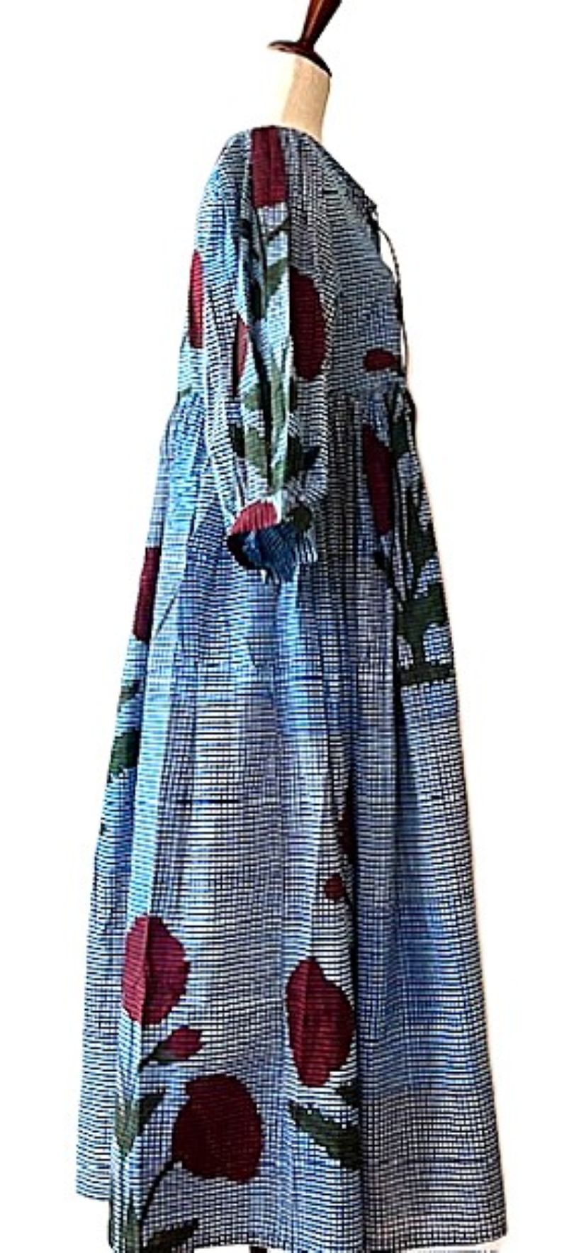 Dresses: Floral Cotton Handblock Midi. Unusual and Seasonless. Denim.