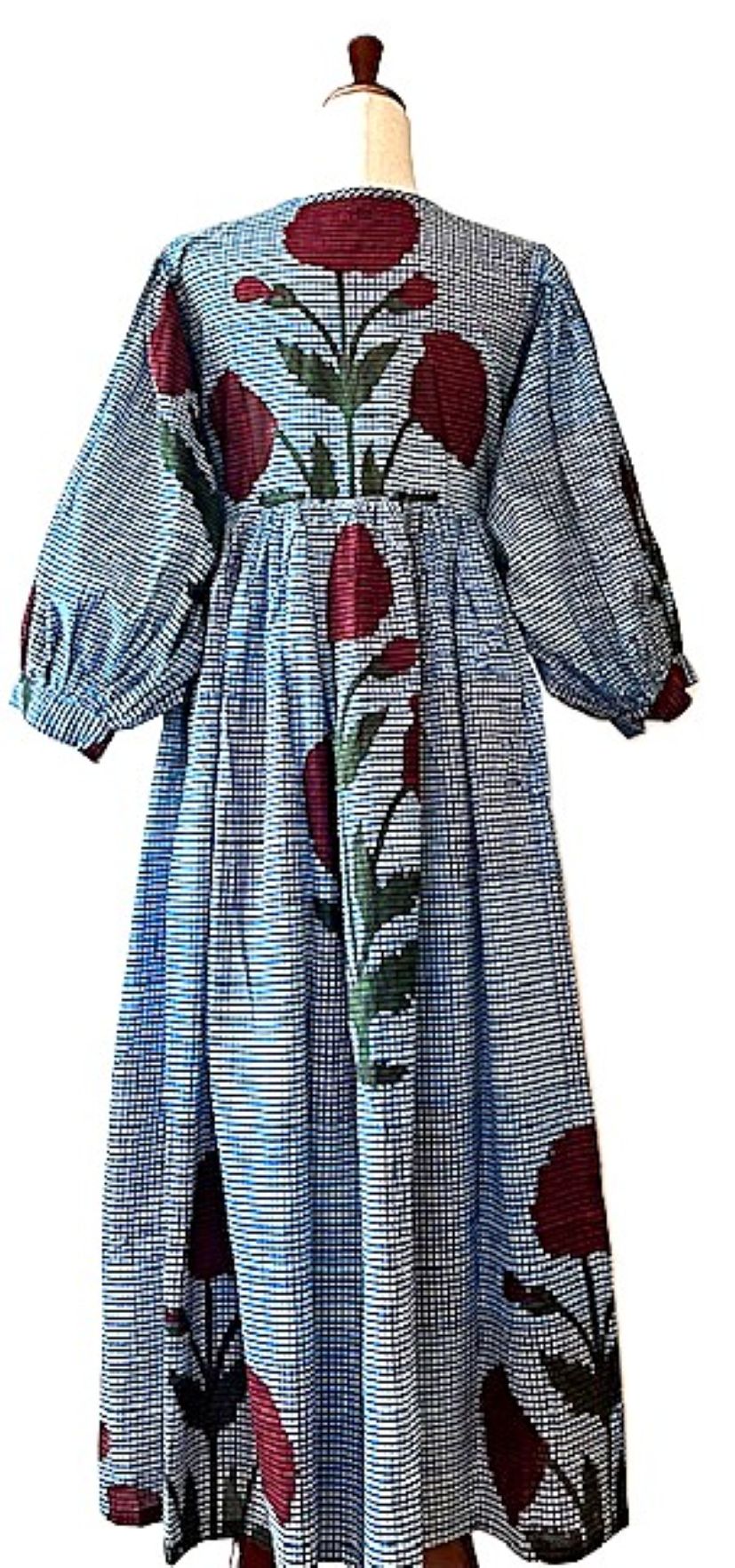 Dresses: Floral Cotton Handblock Midi. Unusual and Seasonless. Denim.