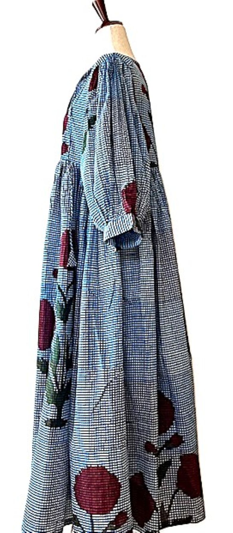 Dresses: Floral Cotton Handblock Midi. Unusual and Seasonless. Denim.