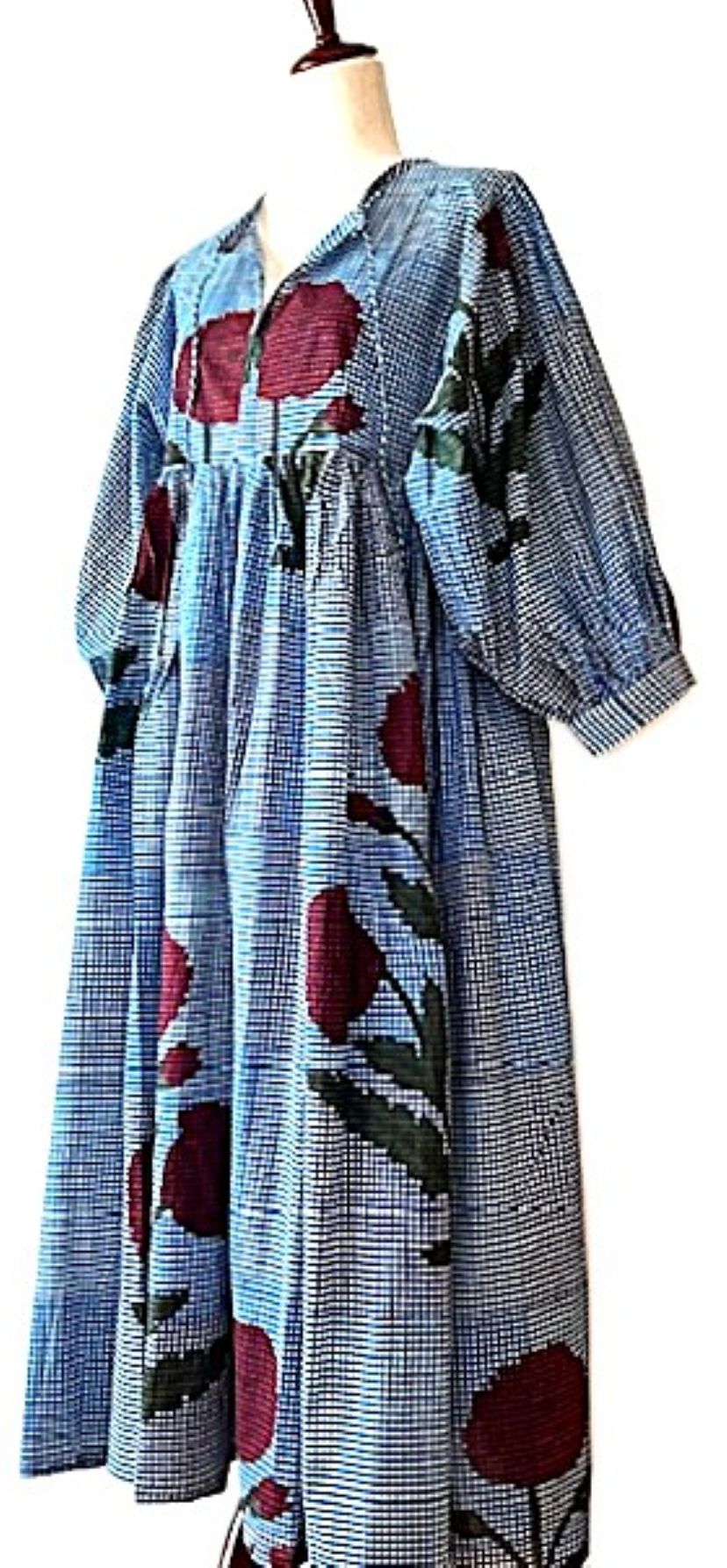 Dresses: Floral Cotton Handblock Midi. Unusual and Seasonless. Denim.