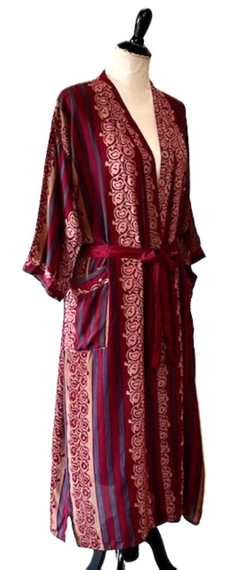 Luxury Silk Kimono Duster: Cranberry Print
