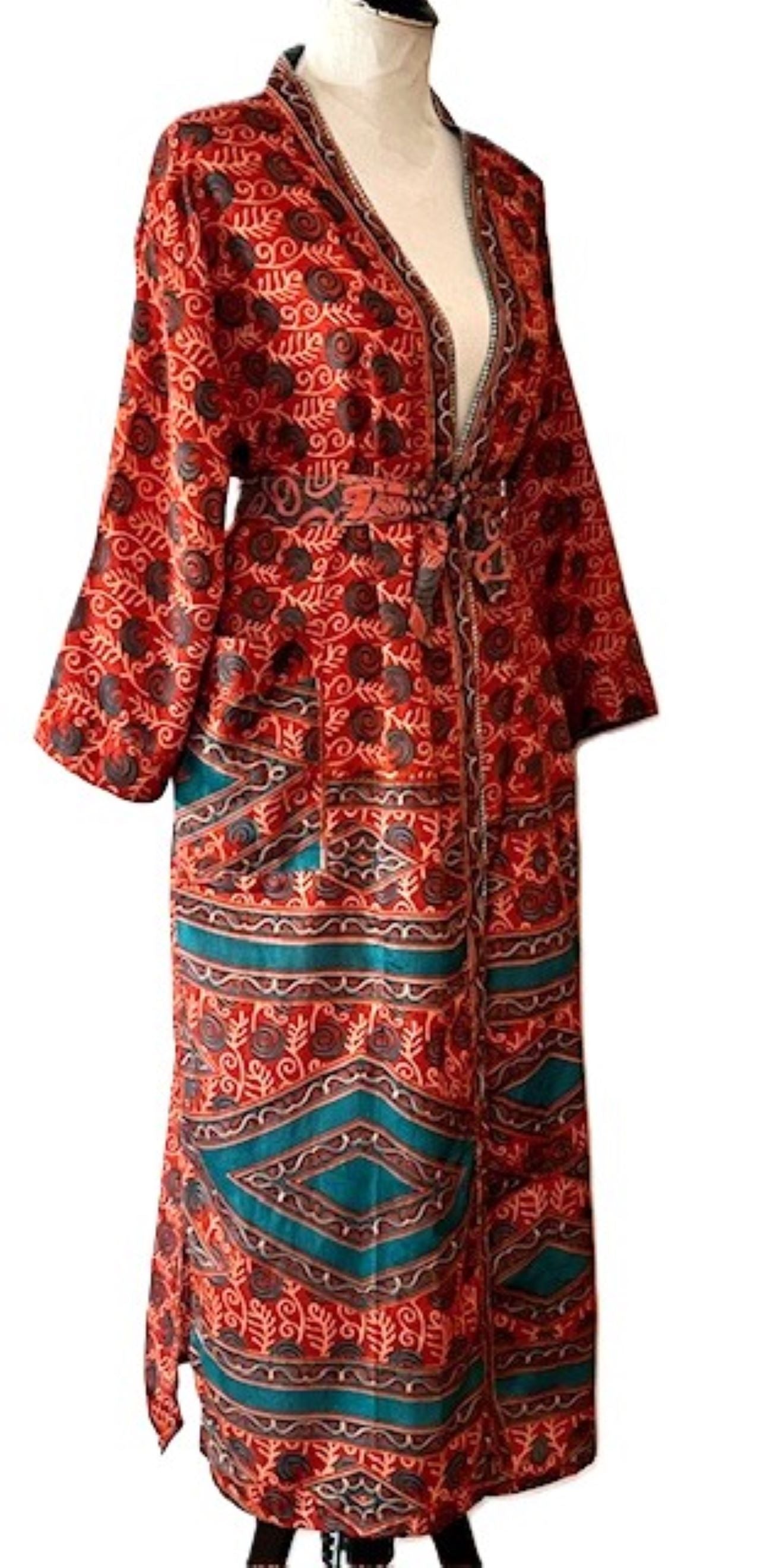 Top of the Line Silk Kimono Duster, Rich Warm Print, Engineered Border