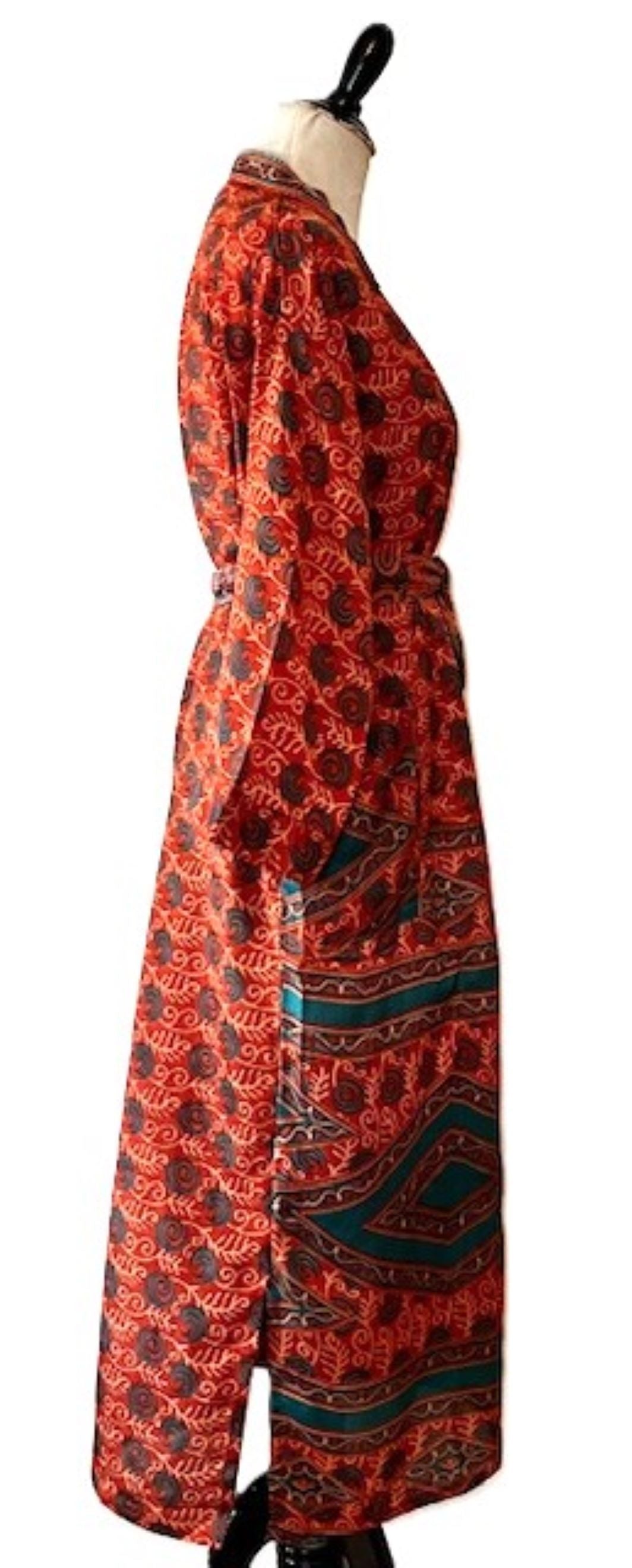 Top of the Line Silk Kimono Duster, Rich Warm Print, Engineered Border