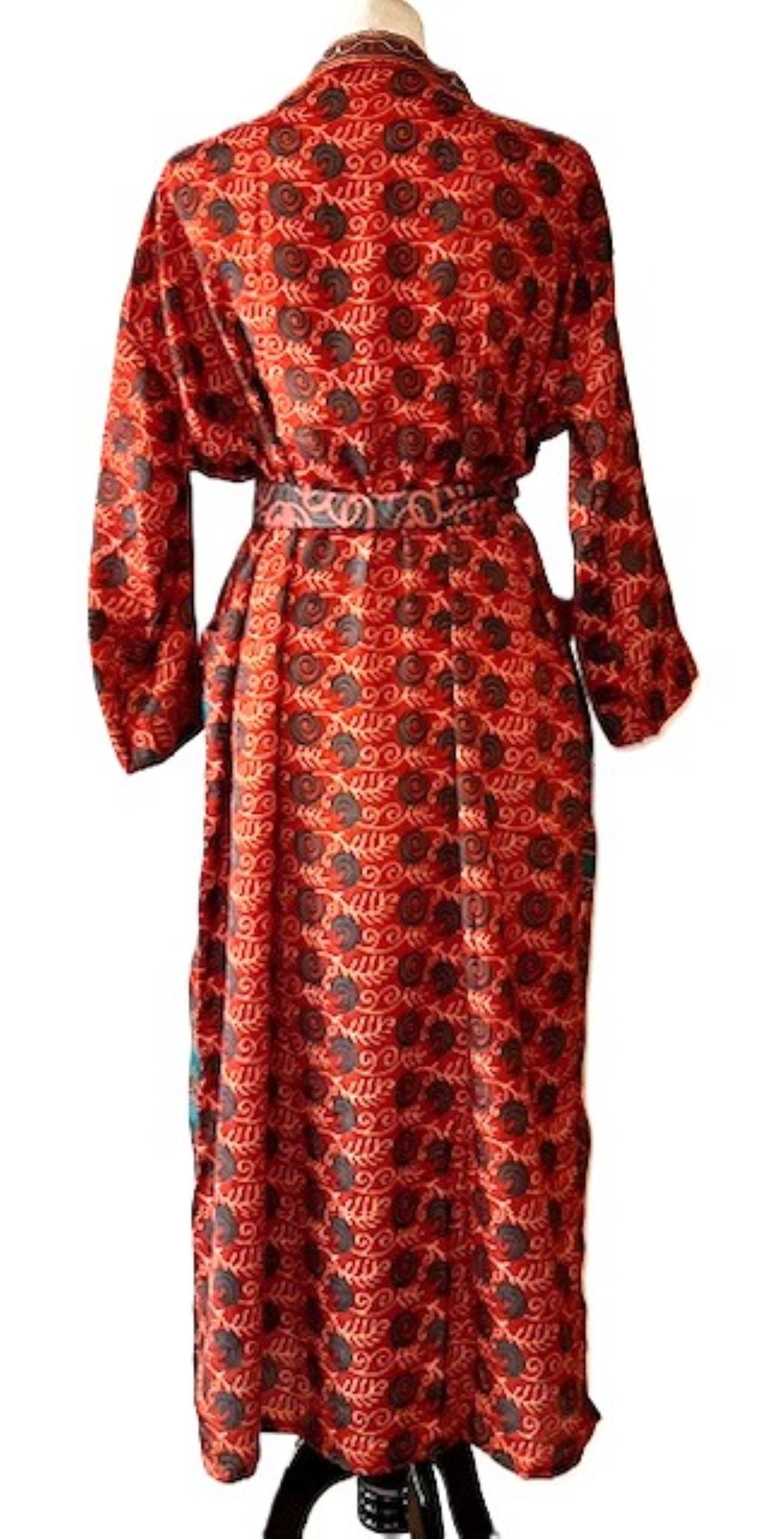 Top of the Line Silk Kimono Duster, Rich Warm Print, Engineered Border