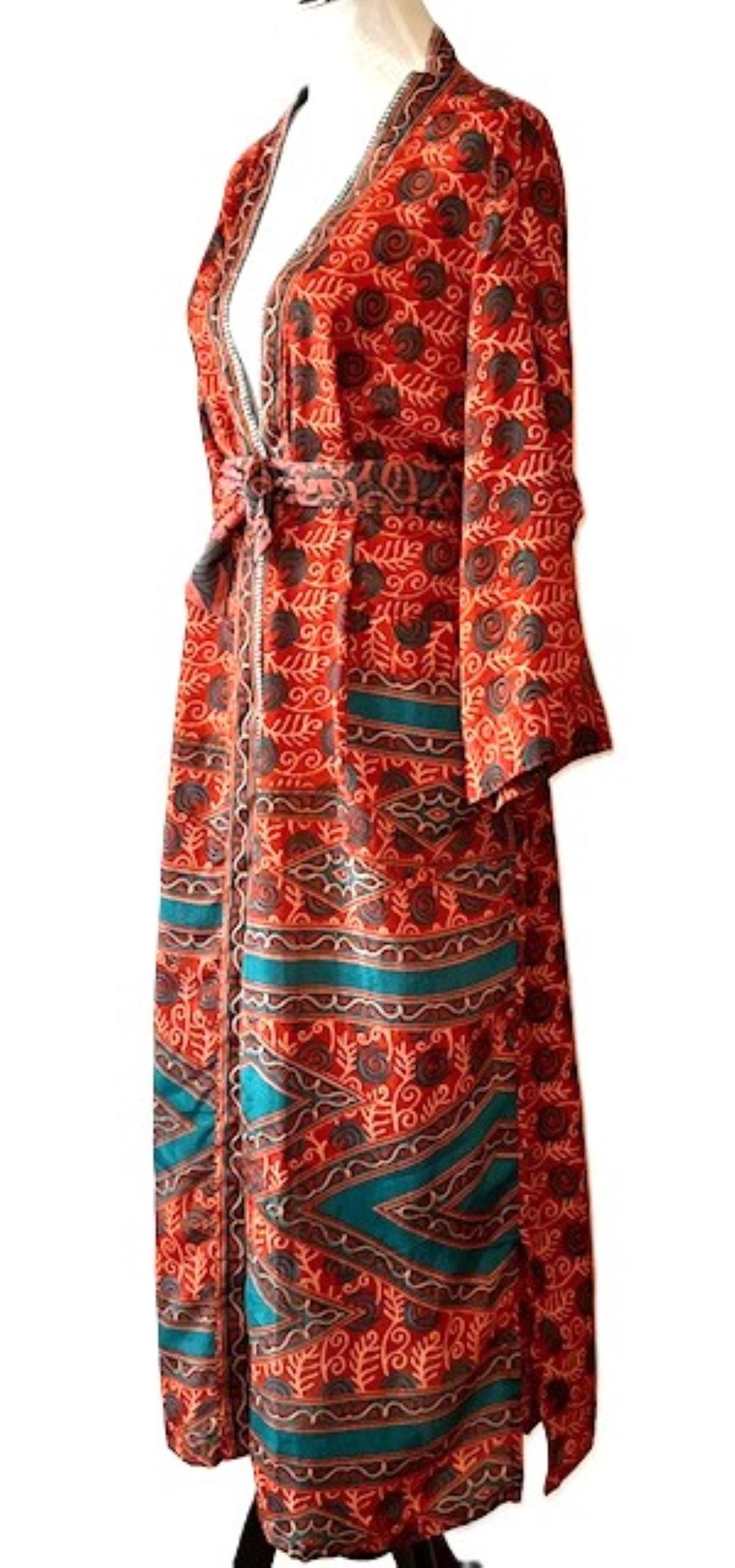 Top of the Line Silk Kimono Duster, Rich Warm Print, Engineered Border