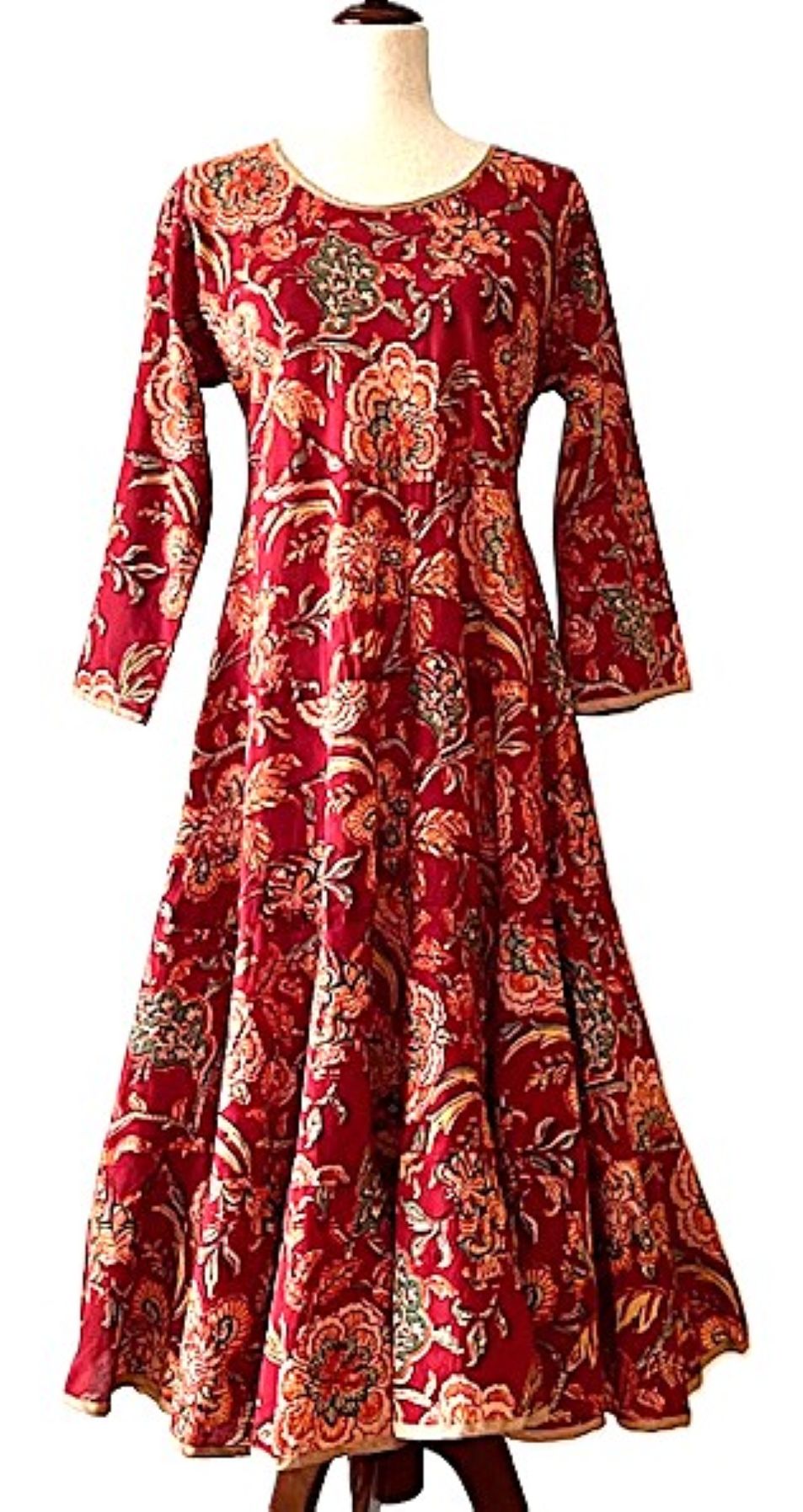 Dresses: Midi Block Print Floral Cotton Is Smart and Tailored (Red)