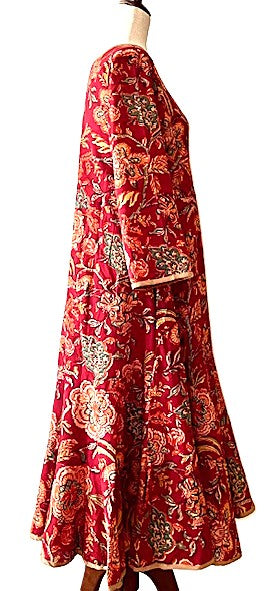 Dresses: Midi Block Print Floral Cotton Is Smart and Tailored (Red)