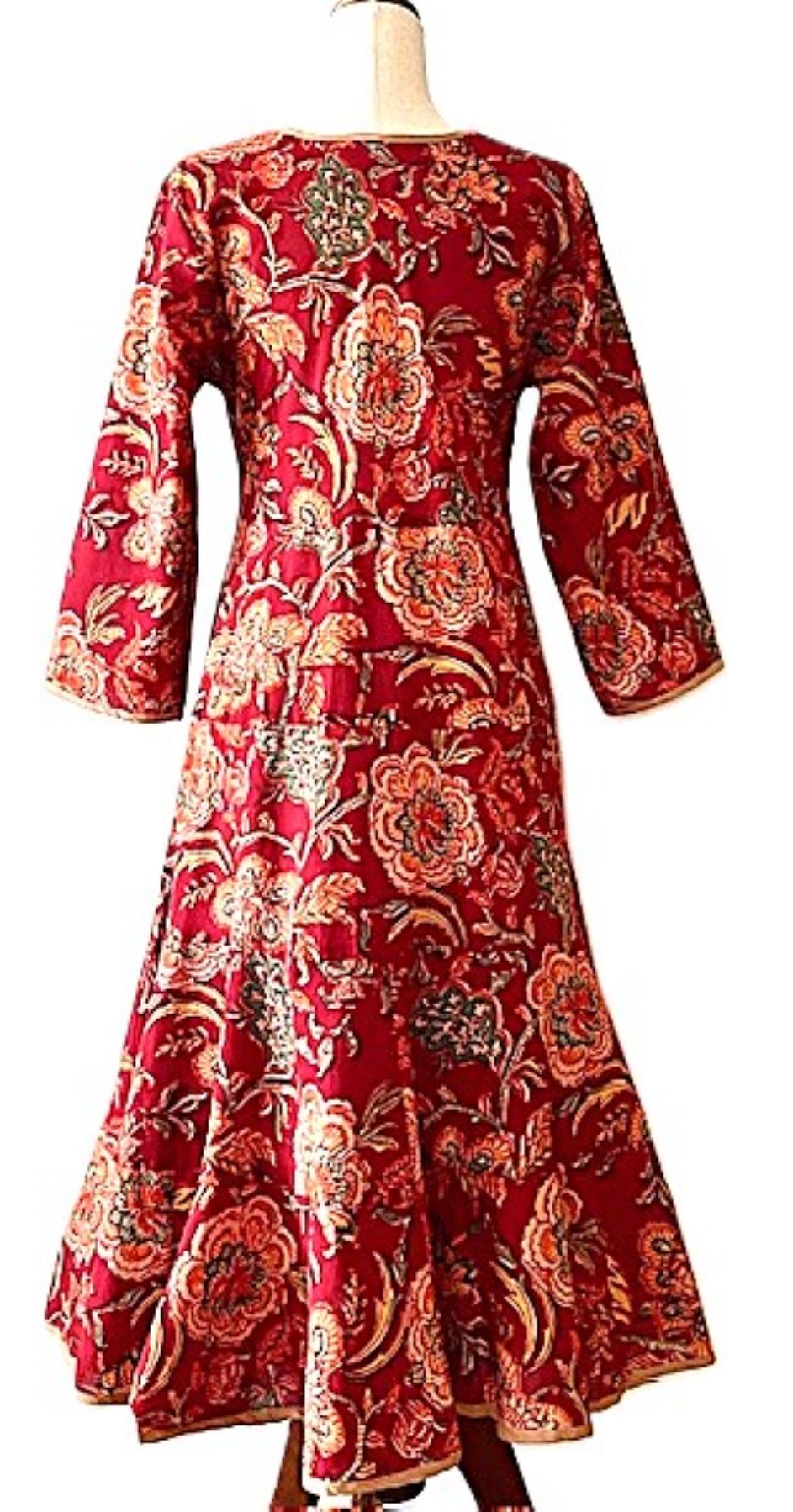 Dresses: Midi Block Print Floral Cotton Is Smart and Tailored (Red)