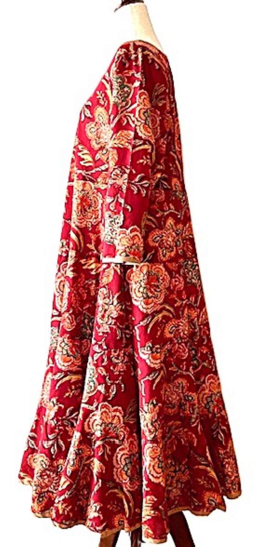 Dresses: Midi Block Print Floral Cotton Is Smart and Tailored (Red)