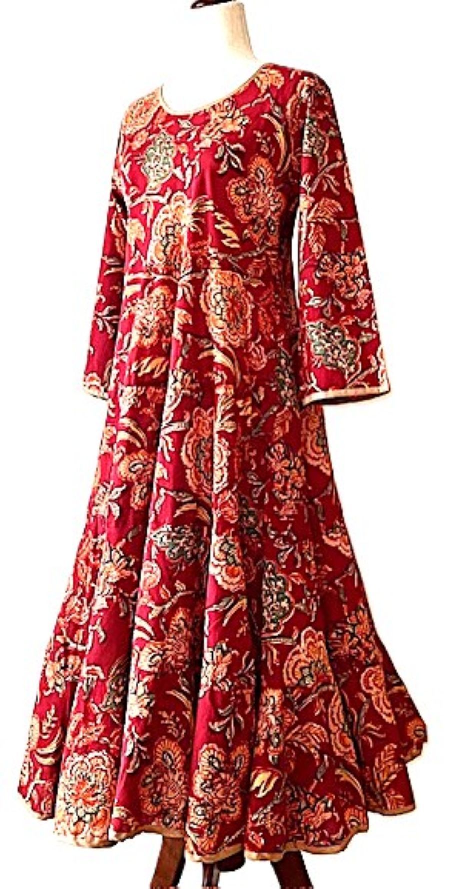 Dresses: Midi Block Print Floral Cotton Is Smart and Tailored (Red)
