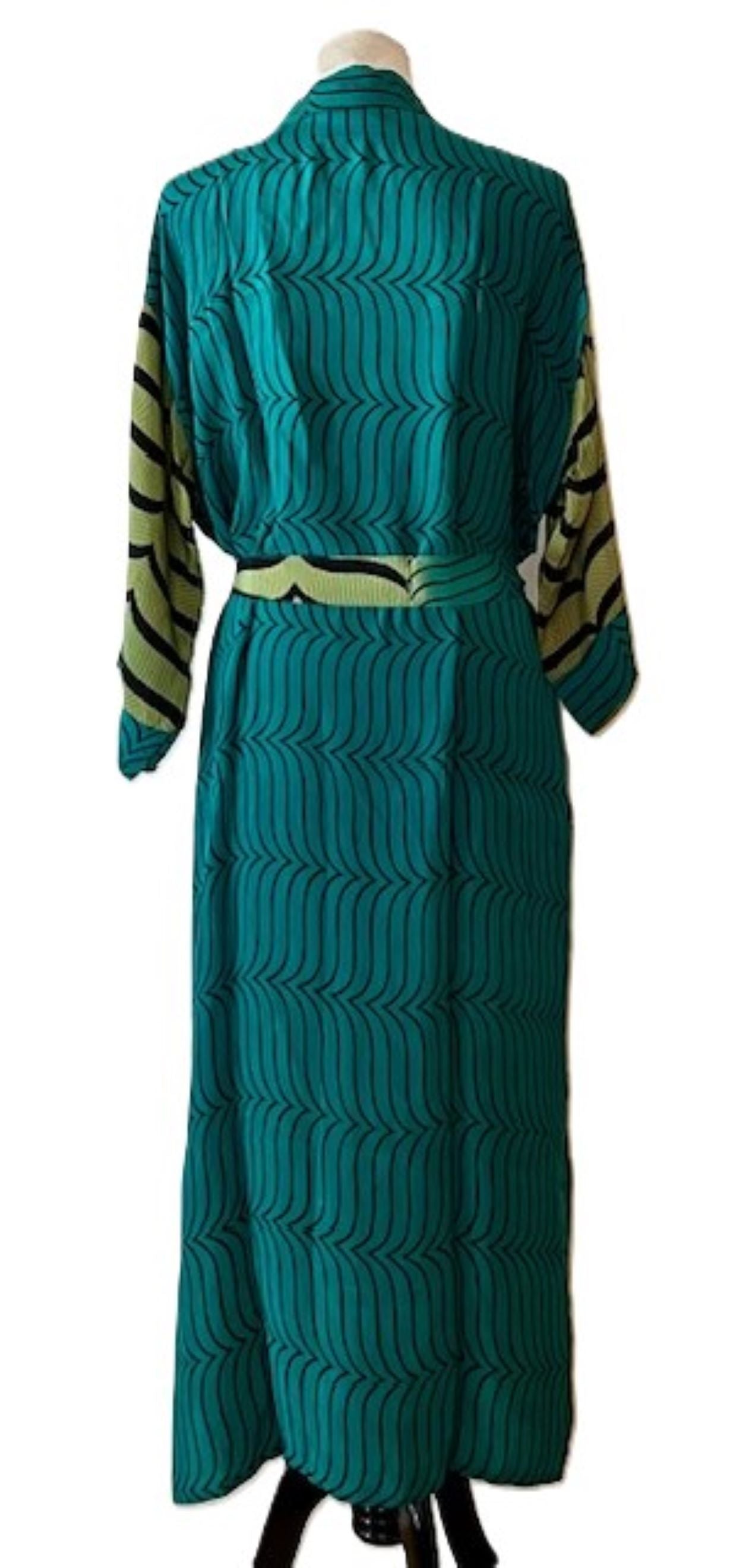 Luxury Silk Kimono Duster Dress: Smart Contrasting Prints