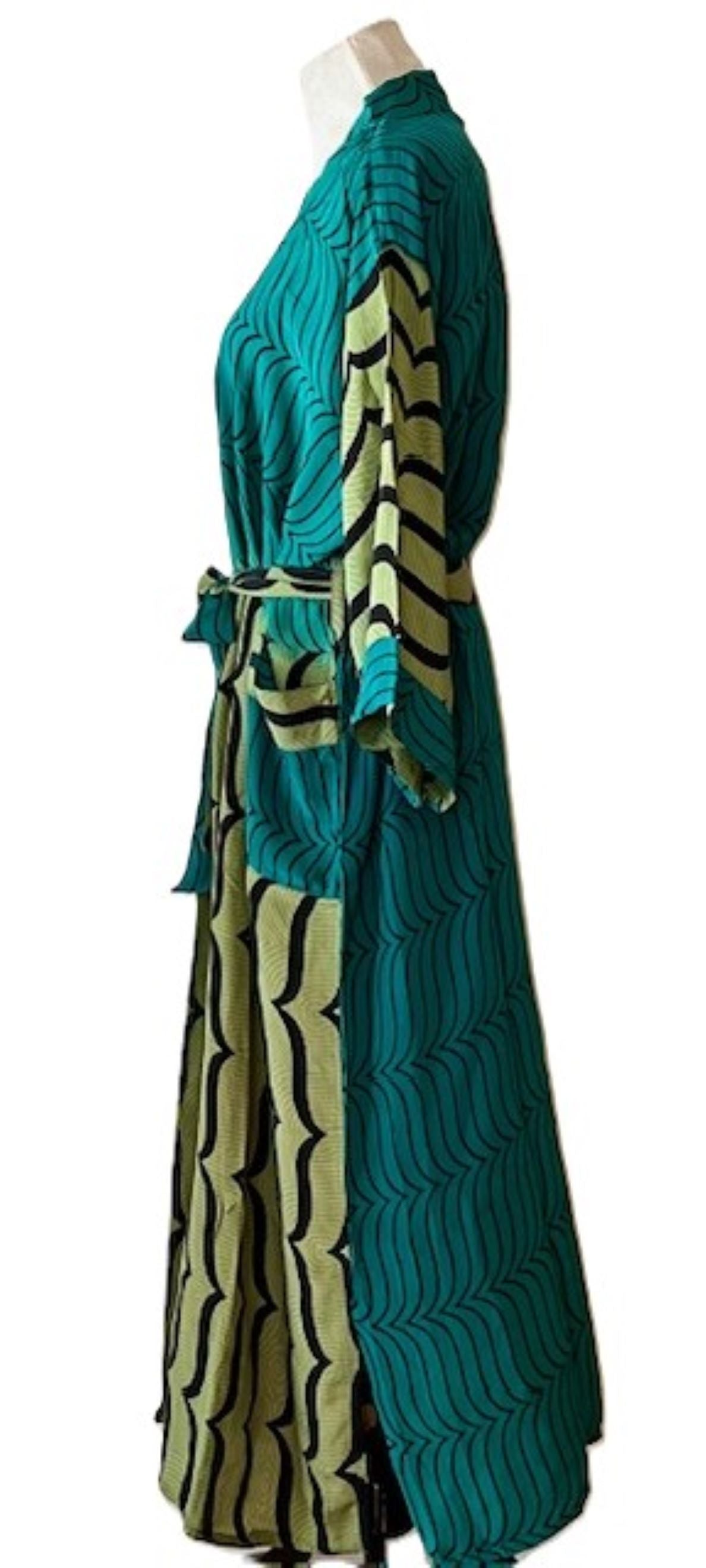 Luxury Silk Kimono Duster Dress: Smart Contrasting Prints