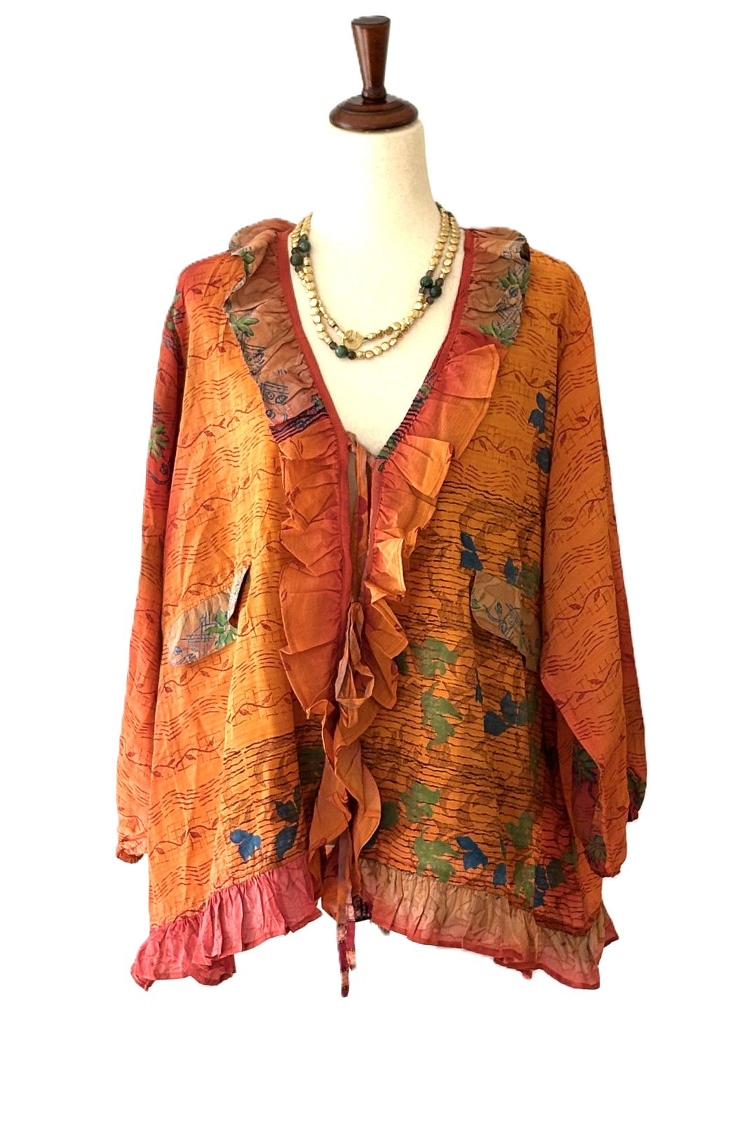 Kantha Bae Crepe Sari Ruffle Daisy Blouse (Tangerine)