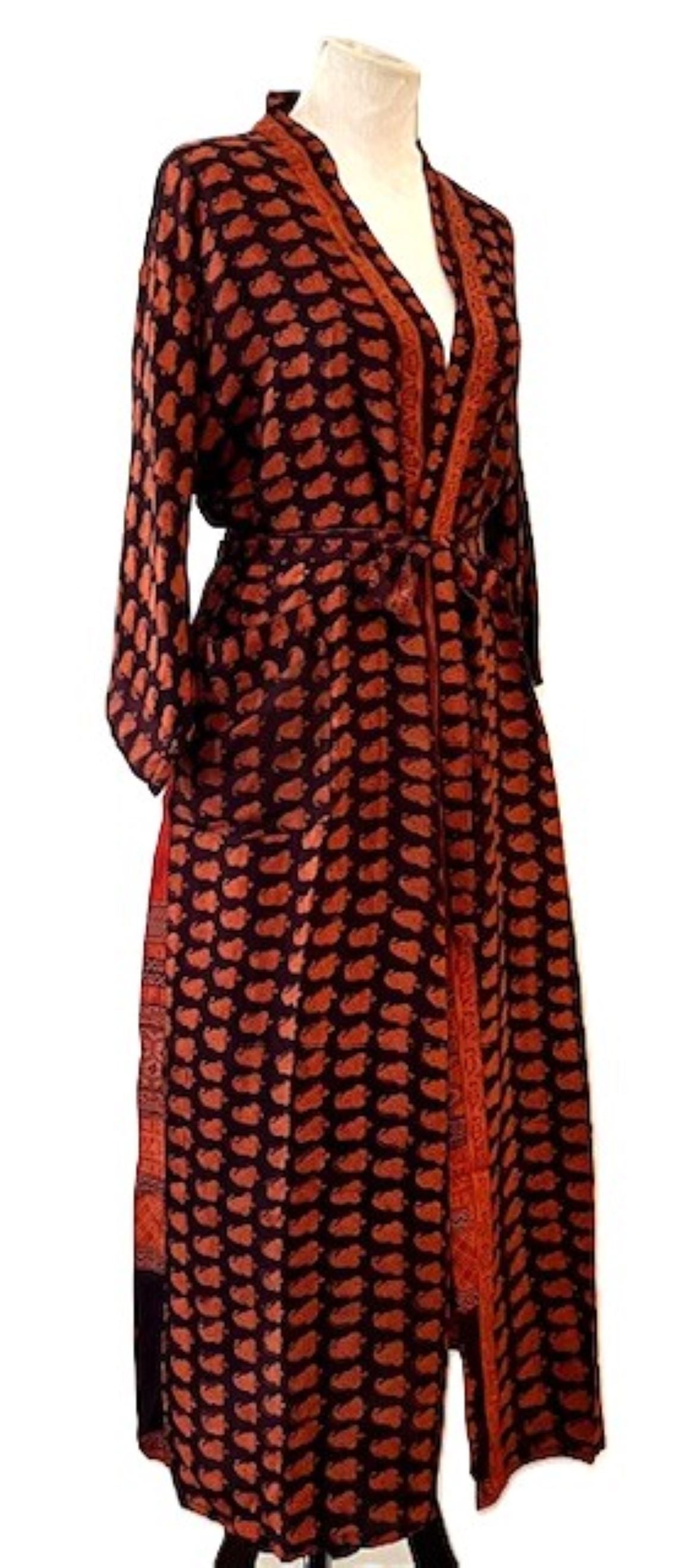 Top of the Line Silk Kimono Duster, Dramatic Geometric Print With Back Full Panel Border