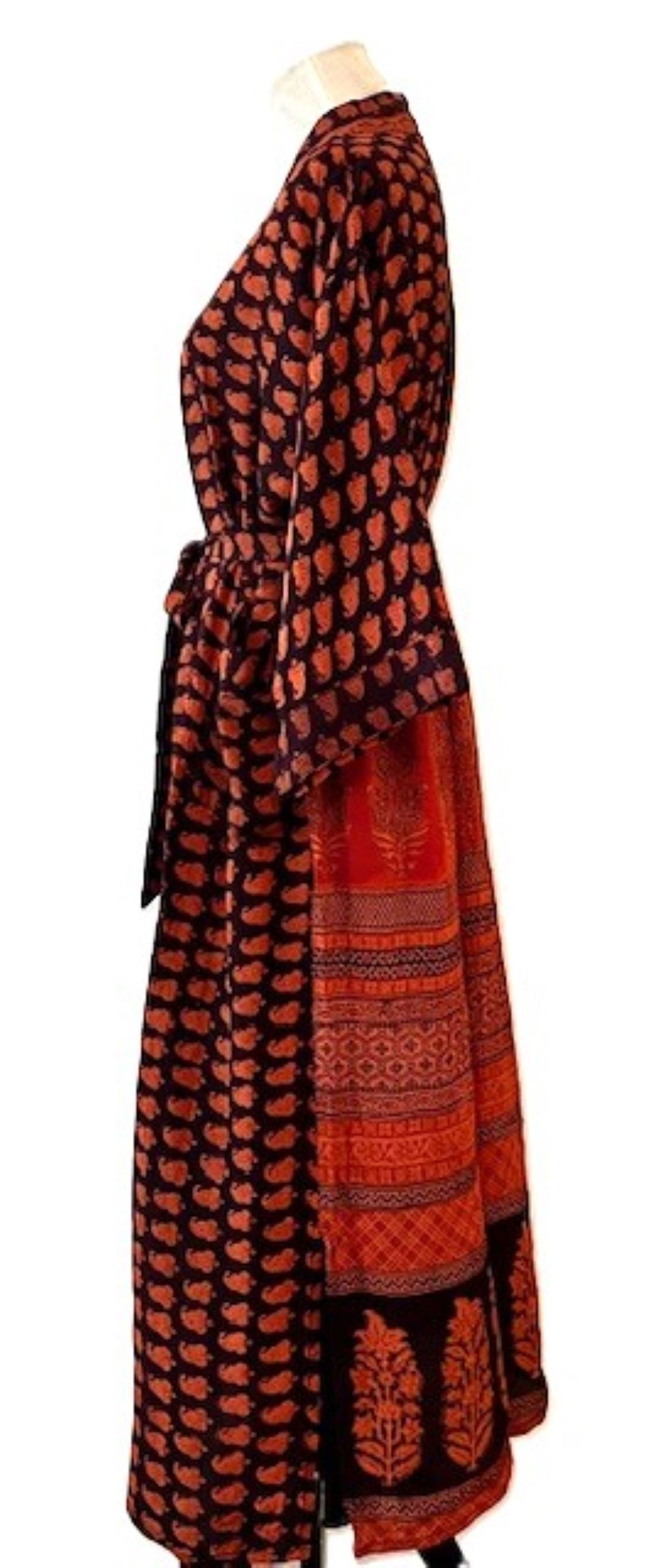 Top of the Line Silk Kimono Duster, Dramatic Geometric Print With Back Full Panel Border