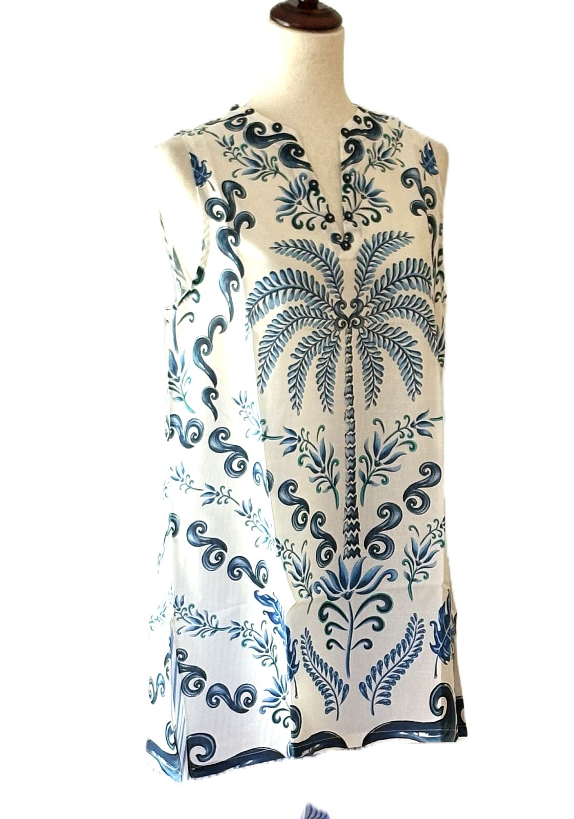 Handmade Cotton Kurta Tunic: Blue Engineered Palm Tree Block Print