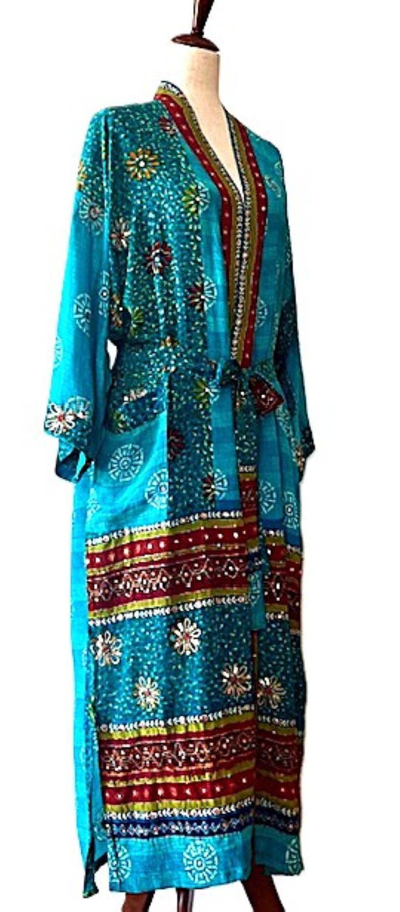 Kimonos, Long Silk Duster With Specialty Treatment. (Turquoise)