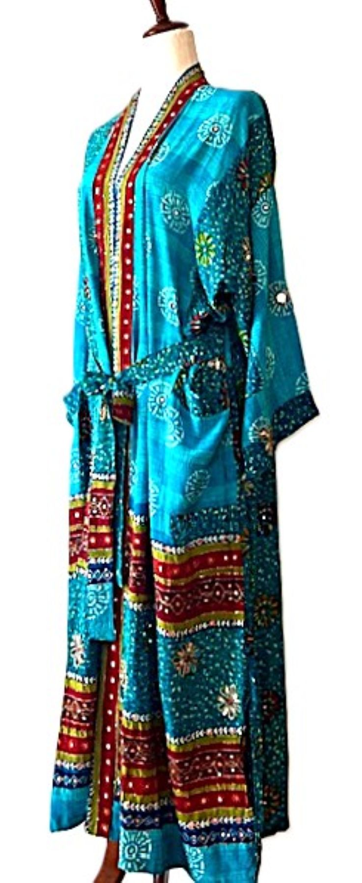 Kimonos, Long Silk Duster With Specialty Treatment. (Turquoise)