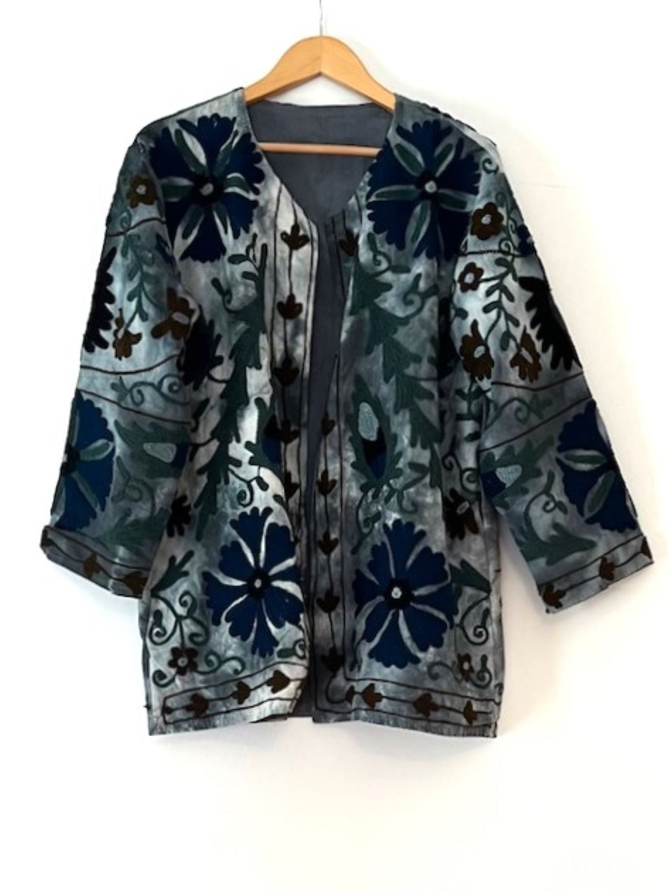 Tie Dye Cotton Suzani Jacket, Hand Embroidery Kimono (Blue)