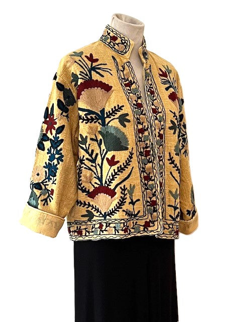 Wearable Art In This Hand Embroidered Short Jacket. (Mustard)