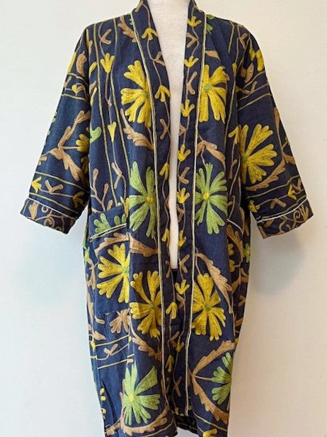 Classic Suzani Kantha Quilted Long Jacket. Very Sophisticated (Navy)