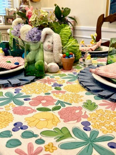 Colorful April Flowers Hand Screen Printed Table Cloth (60x90). (April)
