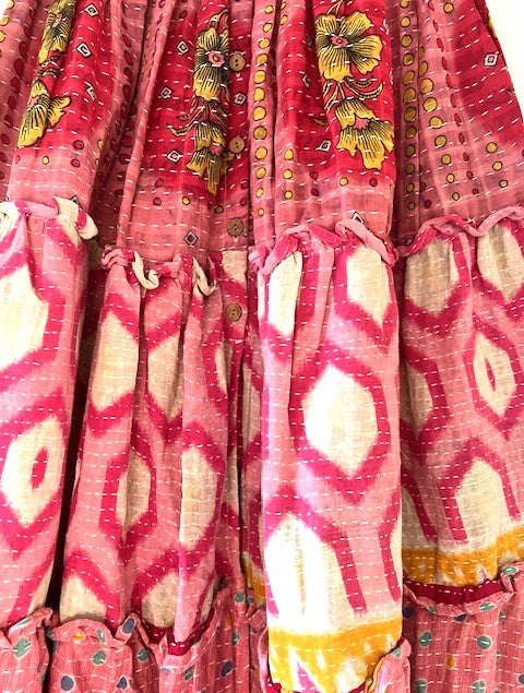 Kantha Bae Patchwork Monarch Maxi Skirt, Mixed Print. Pink