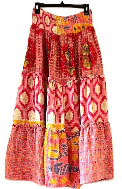 Kantha Bae Patchwork Monarch Maxi Skirt, Mixed Print. Pink