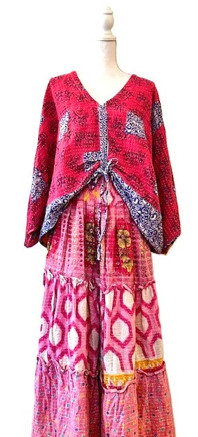 Kantha Bae Patchwork Monarch Maxi Skirt, Mixed Print. Pink